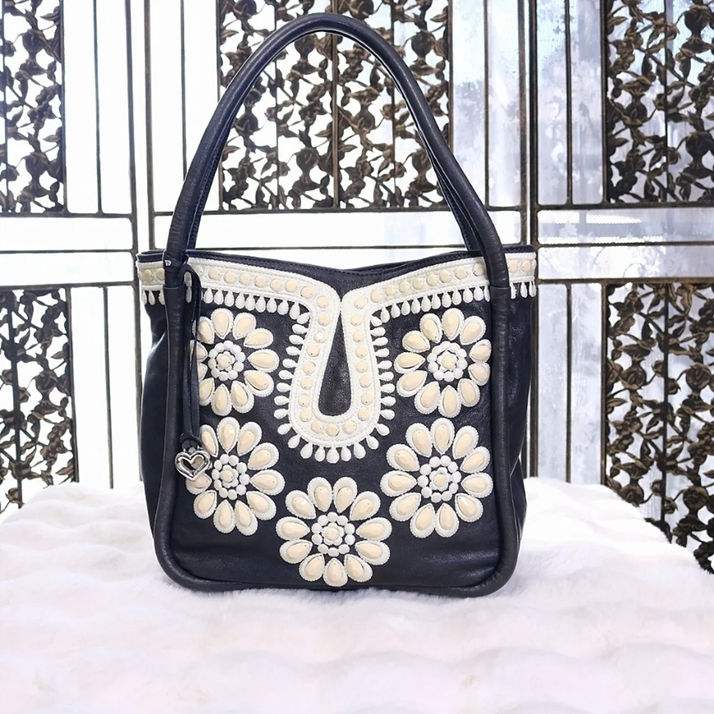 Vintage Brighton Masterpiece Crown Jewell Embroidered Beaded Hobo Bag Navy Blue